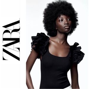 Zara NWT Black Ruffled Sleeve Ribbed Bodysuit Women’s Size S